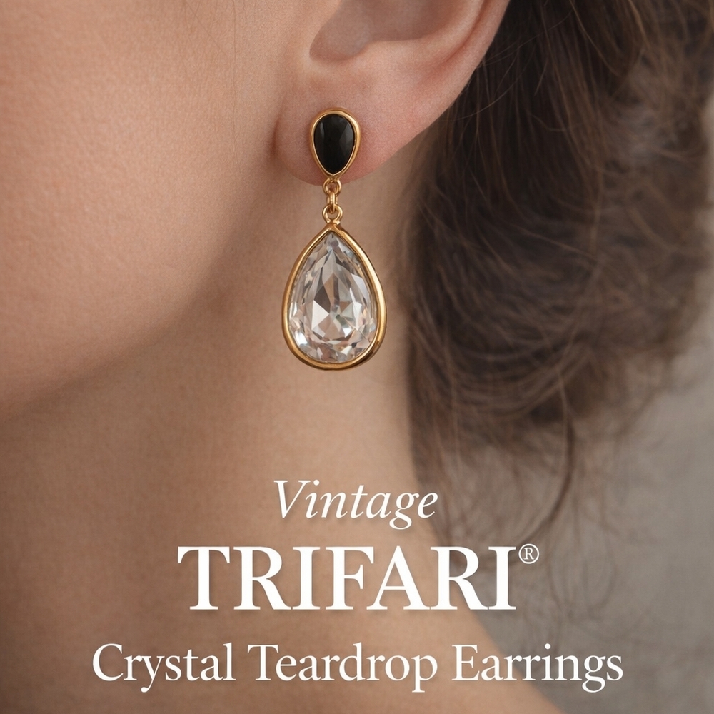 Trifari Vintage Gold Crystal Teardrop Earrings